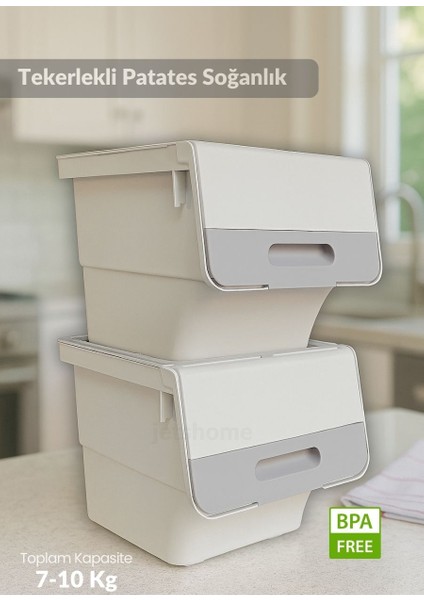 2'li Tekerlekli Sebzelik Seti BPA Free Erzak Kutusu Patateslik Soğanlık Krem 24 Lt