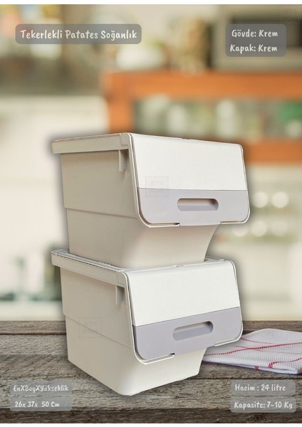 2'li Tekerlekli Sebzelik Seti BPA Free Erzak Kutusu Patateslik Soğanlık Krem 24 Lt fiyatları