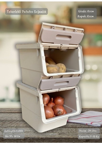 2'li Tekerlekli Sebzelik Seti BPA Free Erzak Kutusu Patateslik Soğanlık Krem 24 Lt modelleri