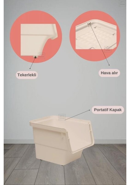 2'li Tekerlekli Sebzelik Seti BPA Free Erzak Kutusu Patateslik Soğanlık Krem 24 Lt