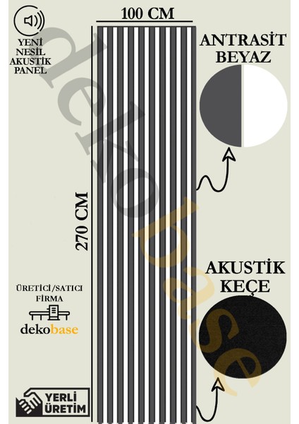 100x240 Cm Antrasit-Beyaz Renk Akustik Ahşap Duvar Paneli