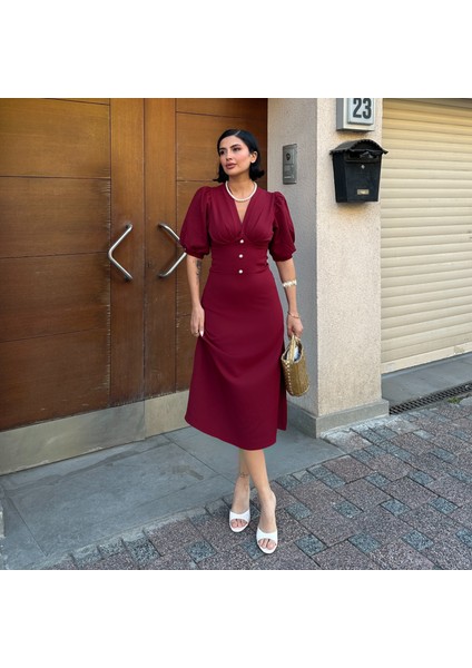 Karpuz Kol Önü Düğmeli Midi Elbise