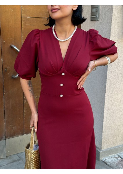 Karpuz Kol Önü Düğmeli Midi Elbise fiyatları