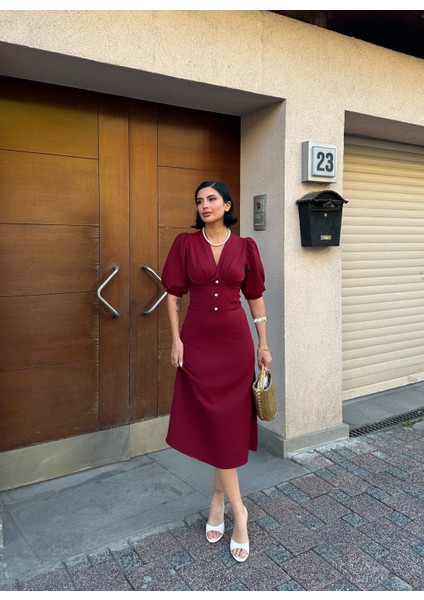 Karpuz Kol Önü Düğmeli Midi Elbise modelleri