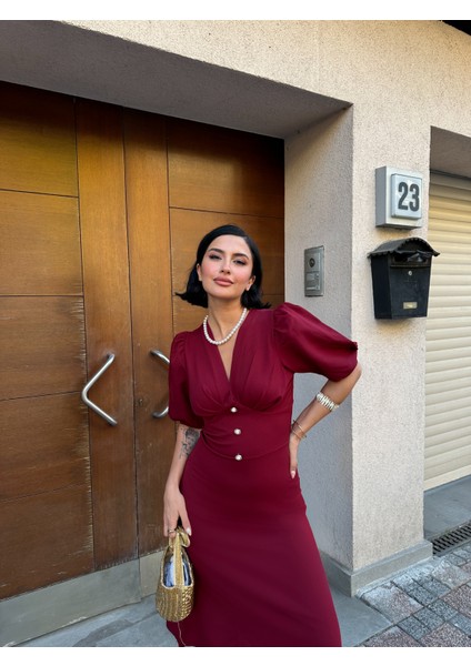 Karpuz Kol Önü Düğmeli Midi Elbise