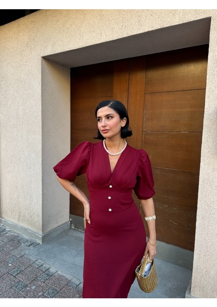 Karpuz Kol Önü Düğmeli Midi Elbise