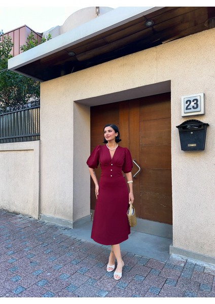 Karpuz Kol Önü Düğmeli Midi Elbise