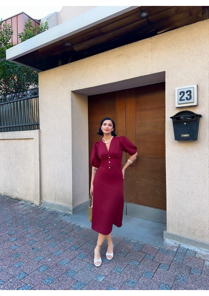 Karpuz Kol Önü Düğmeli Midi Elbise