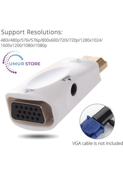 1080p Hdmı Erkek - Vga Dişi Adaptör Video Dönüştürücü, Ses Çıkışı N3 Beyaz modelleri