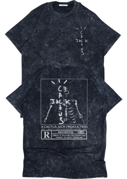 Oversize Jack Cactus Sırt Baskılı Yıkamalı T-Shirt, Unisex Travis Scott Baskılı Eskitme Tişört