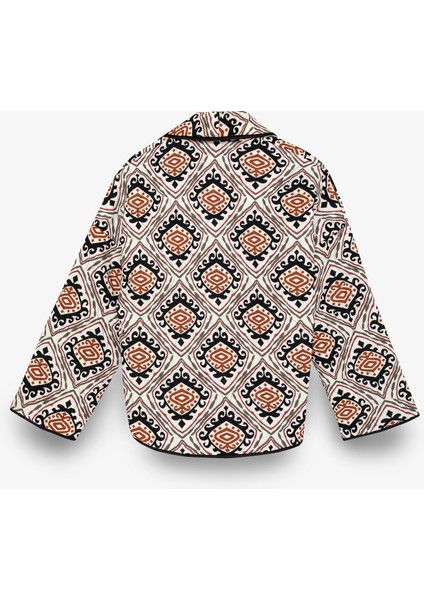 Etnik Desenli Biye Detaylı Kapitone Ceket Ekru modelleri