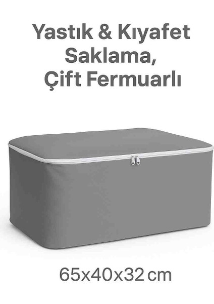 Hurç Tekli 65X40X32 cm Gri – Kıyafet & Yastık Saklama, Çift Fermuarlı