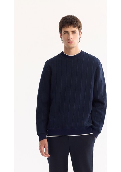 Erkek Lacivert Bisiklet Yaka Çizgili Elastan Regular Fit Sweatshirt A52Y1218