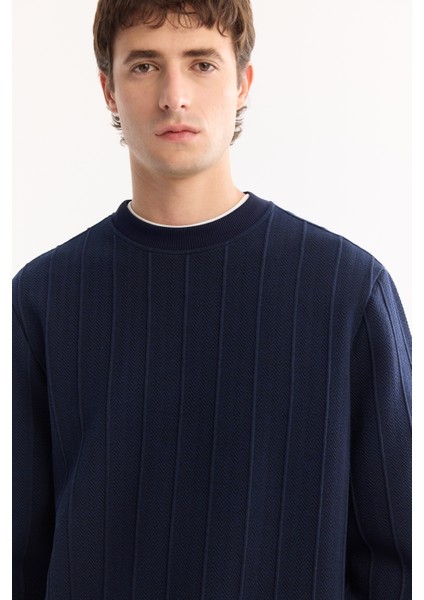 Erkek Lacivert Bisiklet Yaka Çizgili Elastan Regular Fit Sweatshirt A52Y1218 fiyatları