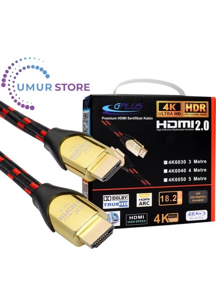 4K60 1 Metre HDMI 2.0 18 Gbps 4K Ultra Hd Premium Sertifikalı 4K 60Hz 26 Awg D-Hdr Hdcp 2.2 Earc Destekli 18 Gbps Yüksek