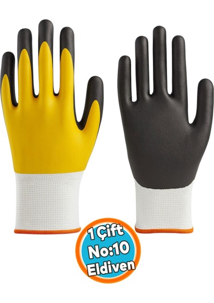 Iş Güvenlik Inşaat Eldiveni Çift Nitril (Sarı-Siyah) No: 10 L Beden Polyester Double Nitril