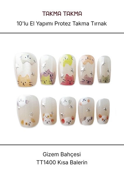 10'lu Renkli Kısa Balerin TT1400 Tekrar Kullanılabilir El Yapımı Protez Takma Tırnak - Renkli-S