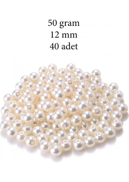50 Gram 12MM Krem Renk Plastik Inci Boncuk Çanta ve Takı Yapım Boncuğu (~40 Adet)