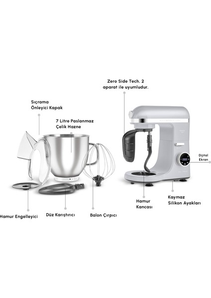 Mastermaid Chef Ultra D2000W Dijital Ekranlı Hamur Yoğurma Makinesi Silver 7 L modelleri