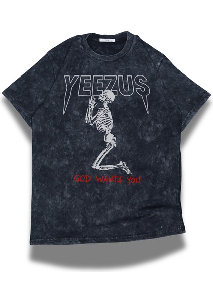 Oversize Yeezus God Wants You Baskılı Yıkamalı T-Shirt, Unisex Kanye West Baskılı Vintage Tişört