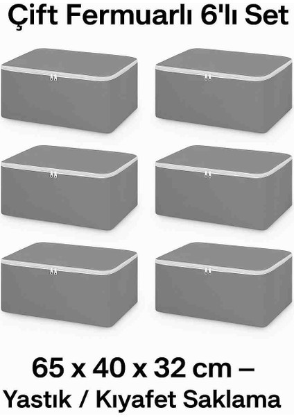 Hurç 6’lı Set 65X40X32 cm Gri – Yastık & Kıyafet Saklama, Çift Fermuarlı