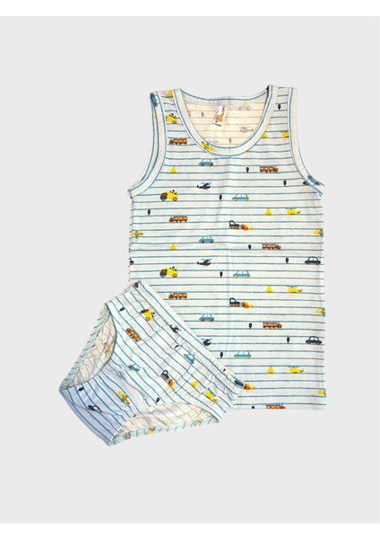 Erkek Çocuk Pamuklu Mavi Araba Desenli Atlet Slip Takımı