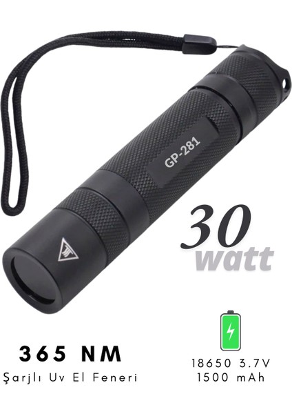 GP-281 Şarjlı Mor Uv Işık El Feneri 365 Nm | Doğal Taş, Leke, Oje Kurutma Ultraviyole Fener 30 Watt