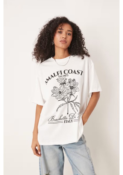 Trend Kadın Tişört - %100 Pamuk Amalfi Coast Italy Baskılı Oversize Beyaz