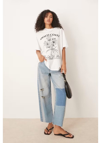 Trend Kadın Tişört - %100 Pamuk Amalfi Coast Italy Baskılı Oversize Beyaz fiyatları