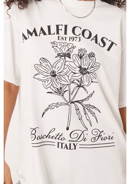 Trend Kadın Tişört - %100 Pamuk Amalfi Coast Italy Baskılı Oversize Beyaz modelleri