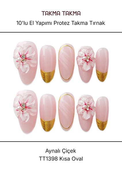 10'lu Pembe Kısa Oval TT1398 Tekrar Kullanılabilir El Yapımı Protez Takma Tırnak - Pembe-M