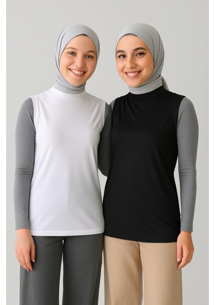 Mırach 2'li Paket Balıkçı Yaka Kolsuz Bluz Seti - Siyah ve Beyaz