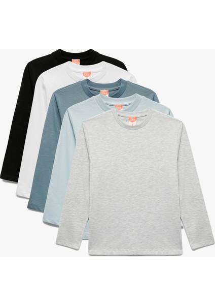 Uzun Kollu Bisiklet Yaka Pamuklu 5'li Tişört Seti
