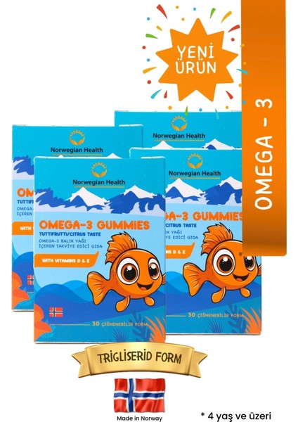 Omega 3 Çocuklar İçin | Çiğnenebilir Balık Yağı | D&E Vitaminli | 4 x 30 | 120 Gummies