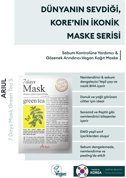 7 Days Mask Green Tea S - Sebum Kontrolüne Yardımcı & Gözenek Arındırıcı Vegan Kağıt Maske
