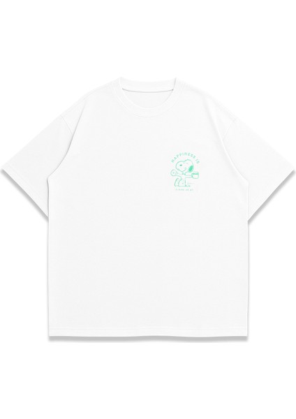 Trend Kadın Tişört - %100 Pamuk Snopys Desen Baskılı Oversize Beyaz