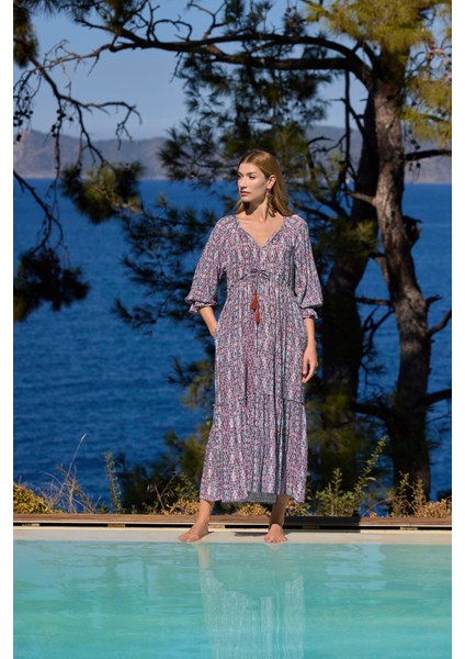 Kadın Etnik Desenli Truvakar Kollu V Yaka Elbise 25023