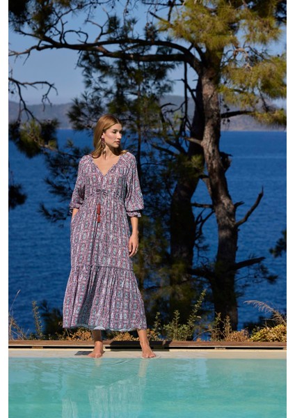 Kadın Etnik Desenli Truvakar Kollu V Yaka Elbise 25023 fiyatları