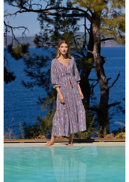 Kadın Etnik Desenli Truvakar Kollu V Yaka Elbise 25023 fırsatları