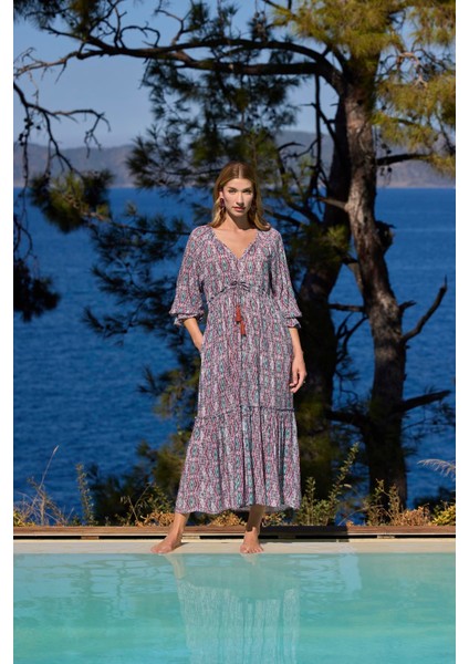 Kadın Etnik Desenli Truvakar Kollu V Yaka Elbise 25023 indirimleri