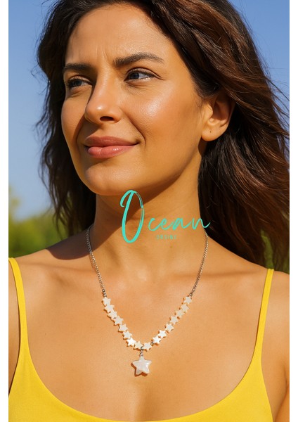 Doğal Sedef Çelik Kolye Yıldız Model