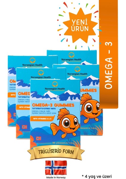 Omega 3 Gummies Çocuklar İçin Tutti Frutti Aromalı 30 Çiğnenebilir Norveç Somonlu Balık Yağı | 5 x 30 | 150 Gummies