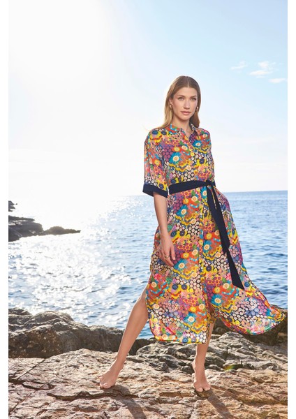 Kadın Ççiçek Desenli Yırtmaçlı Önü Düğmeli Gömlek Yaka Elbise 25058 fırsatları