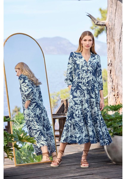 Kadın Yaprak Desenli Önü Düğmeli Truvakar Kollu Elbise 25013 fırsatları