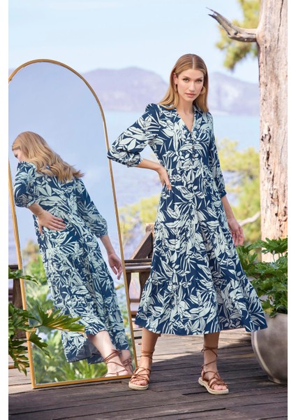 Kadın Yaprak Desenli Önü Düğmeli Truvakar Kollu Elbise 25013 indirimleri