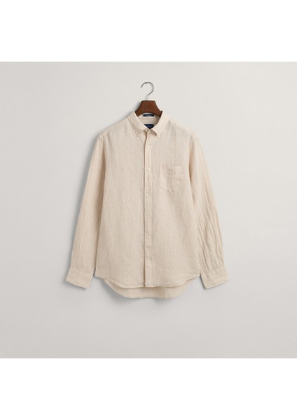 Erkek Bej Regular Fit Çizgili Keten Gömlek