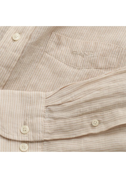 Erkek Bej Regular Fit Çizgili Keten Gömlek fiyatları