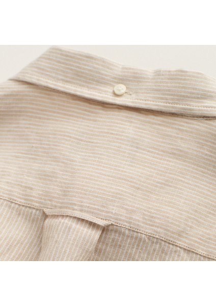 Erkek Bej Regular Fit Çizgili Keten Gömlek modelleri