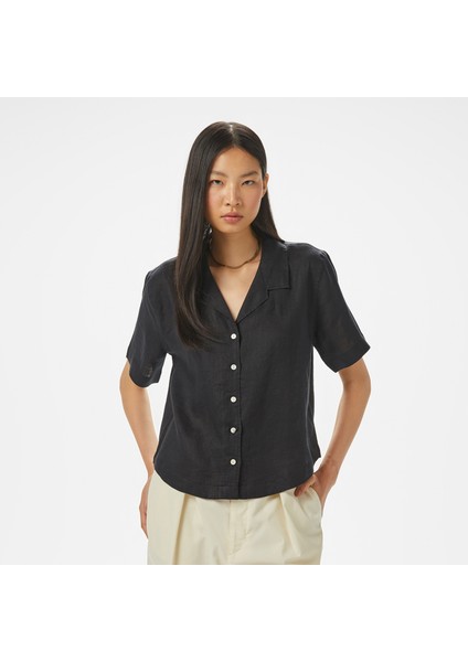Kadın Siyah Regular Fit Keten Gömlek