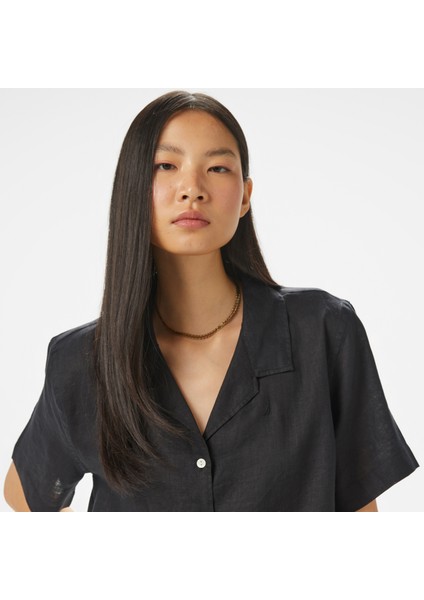 Kadın Siyah Regular Fit Keten Gömlek fırsatları